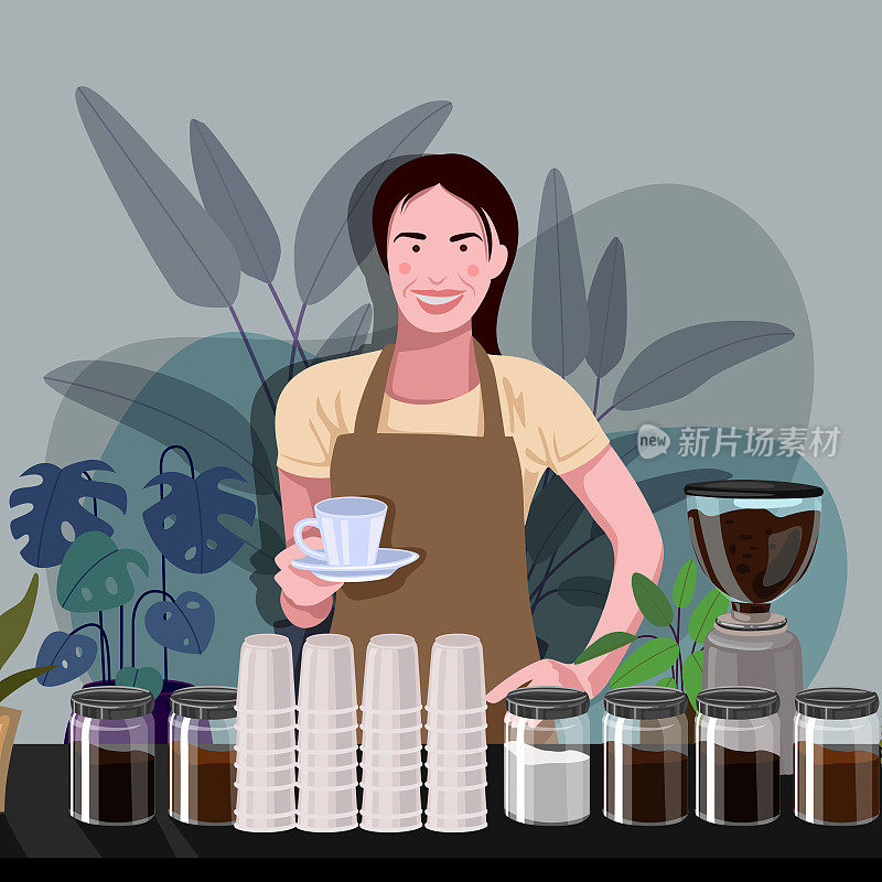 美丽的年轻女子/咖啡师在咖啡中微笑提供咖啡Café，小型企业概念
